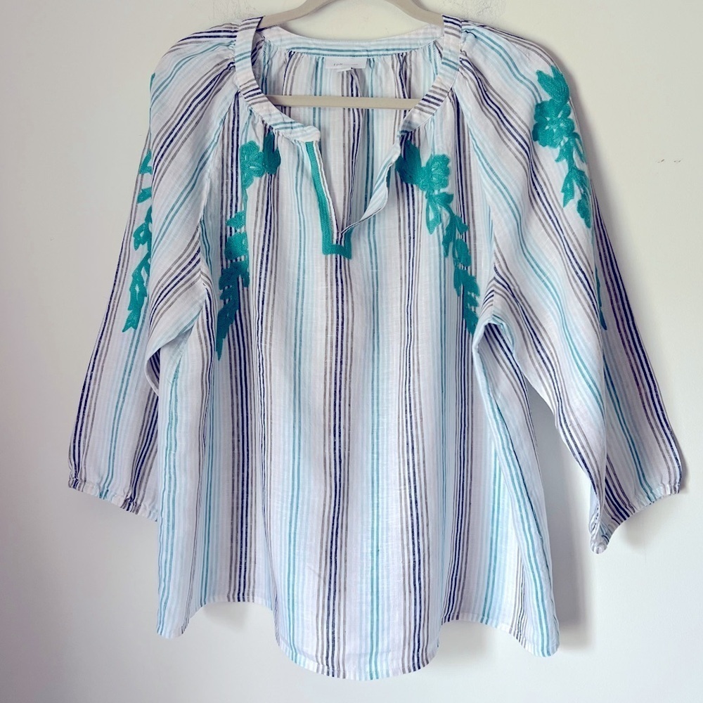 J. Jill Love Linen Striped Embroidered Relaxed Fit Blouse Classic Chic Summer